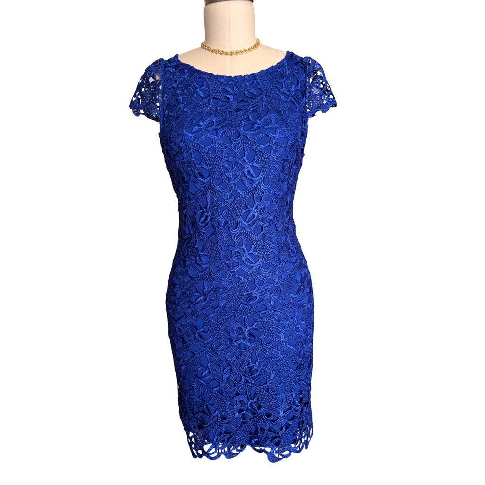 Alice + Olivia Lace Cocktail Dress Womens 6 Royal Blue Open Back Cap Sleeves